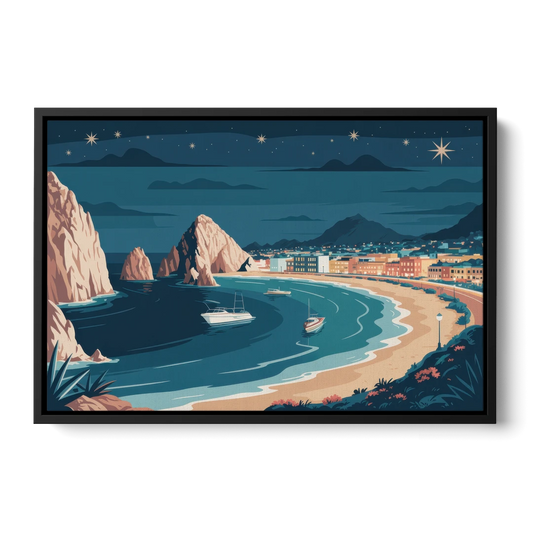 Cabo San Lucas Night Skyline - Black Framed Canvas Wall Art - Front