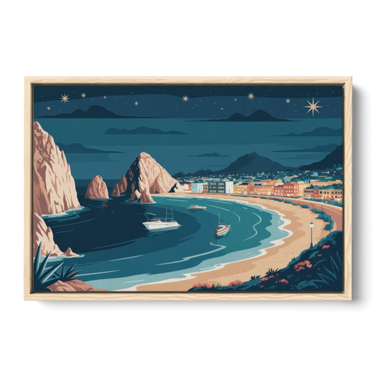 Cabo San Lucas Night Skyline - Oak Framed Canvas Wall Art - Front