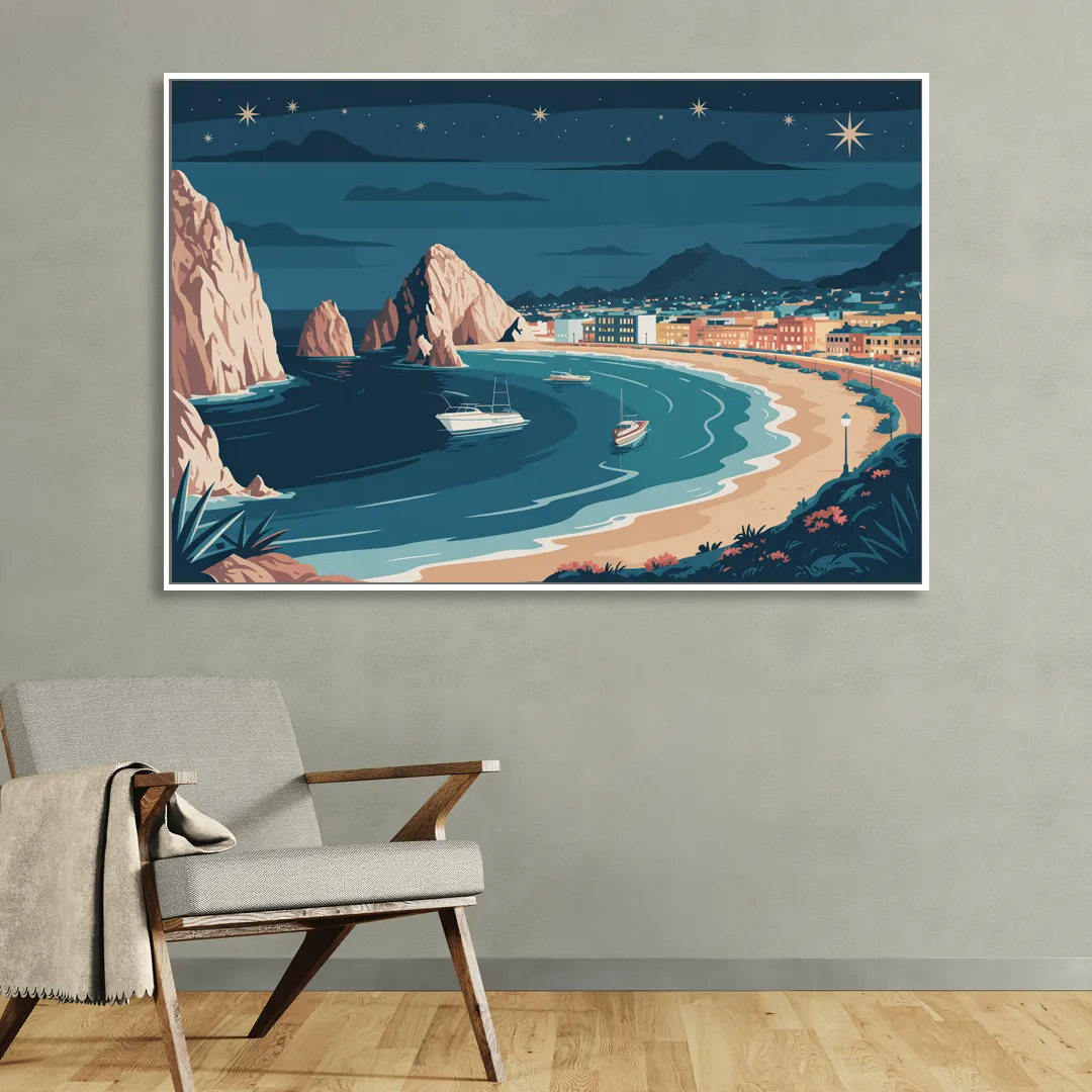 Cabo San Lucas Night Skyline Sitting Room - White Canvas Wall Art