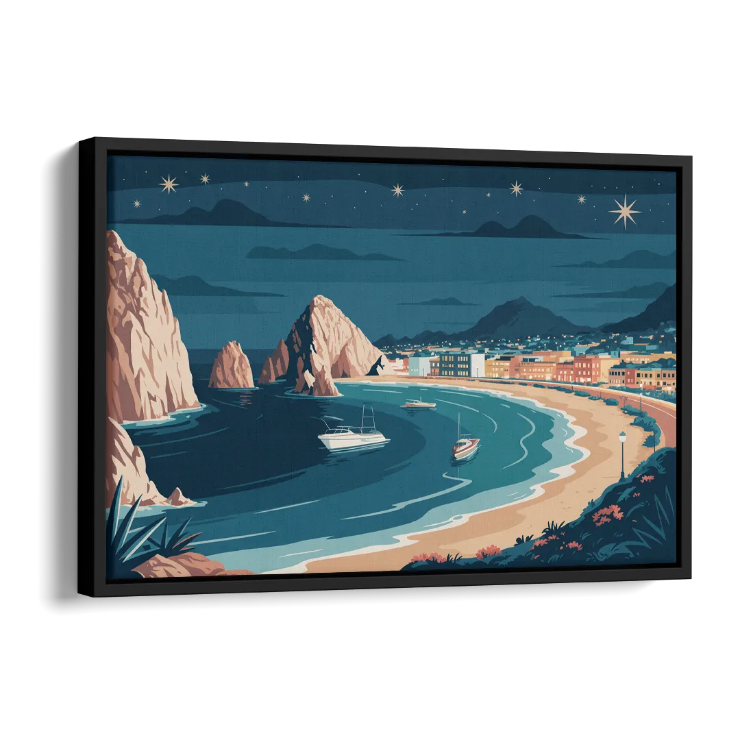 Cabo San Lucas Night Skyline Side - Black Canvas Wall Art