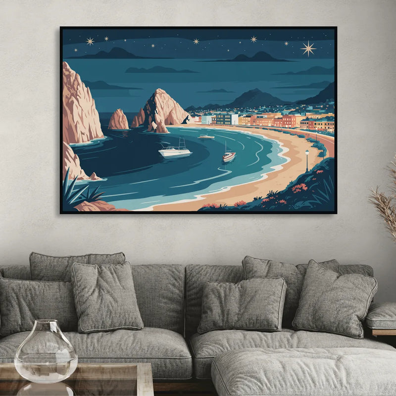 Cabo San Lucas Night Skyline Living Room - Black Canvas Wall Art