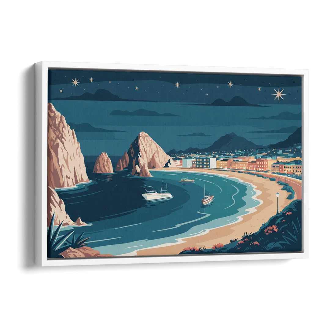 Cabo San Lucas Night Skyline Side - White Canvas Wall Art