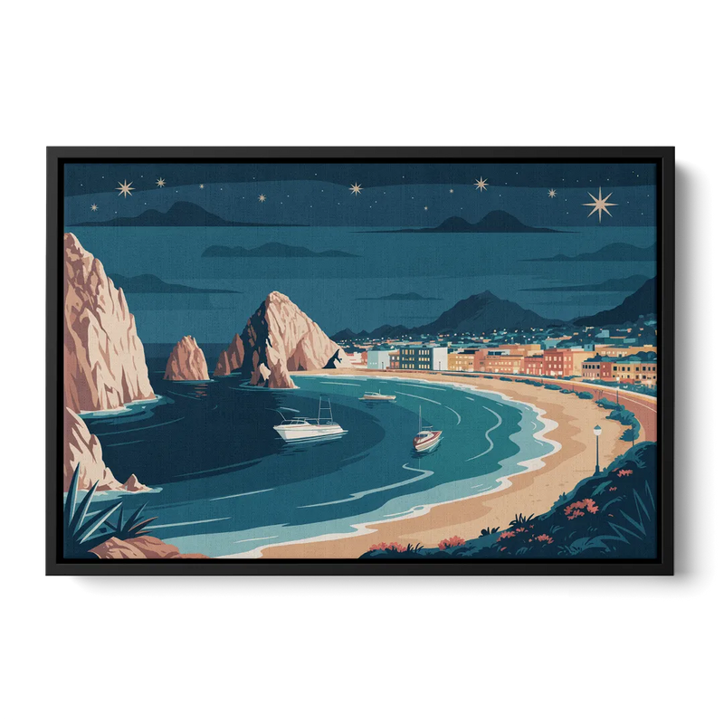 Cabo San Lucas Night Skyline Front - Black Canvas Wall Art