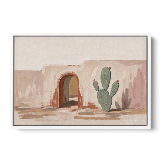 Cactus Wall Art by an Adobe Arch - White Framed Canvas Wall Art - Front
