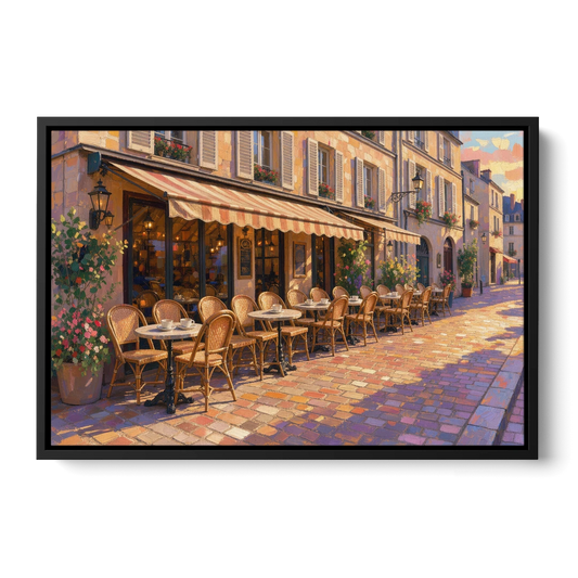 Cafe Painting of a Golden Hour Terrace - Black Framed Canvas Wall Art - Front