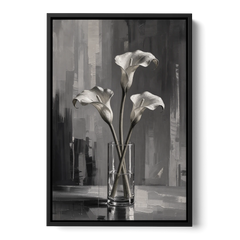 Calla Lily Wall Art with Three Stems in Glass - Black Framed Canvas Wall Art - Front