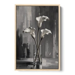 Calla Lily Wall Art with Three Stems in Glass - Oak Framed Canvas Wall Art - Front