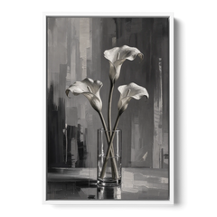 Calla Lily Wall Art with Three Stems in Glass - White Framed Canvas Wall Art - Front
