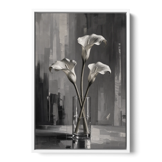 Calla Lily Wall Art with Three Stems in Glass - White Framed Canvas Wall Art - Front