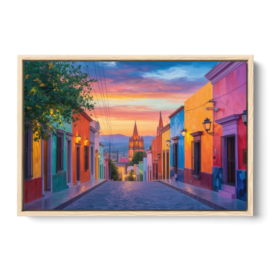 Calle Aldama Sunset - Oak Framed Canvas Wall Art - Front