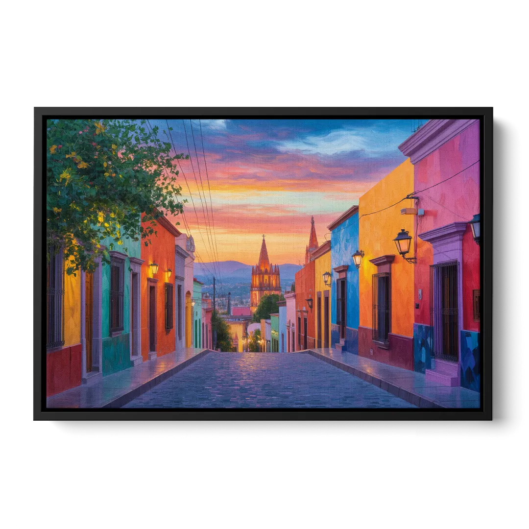 Calle Aldama Sunset Front - Black Canvas Wall Art