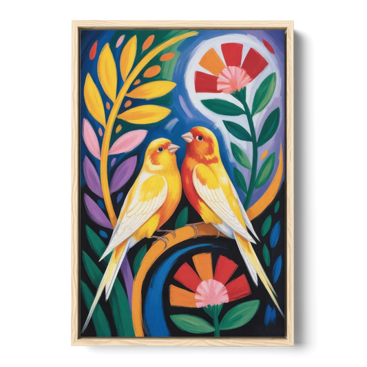 Calm Canary Chirp - Oak Framed Canvas Wall Art - Front
