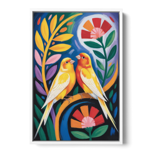 Calm Canary Chirp - White Framed Canvas Wall Art - Front