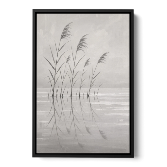 Calm Wall Art of Reeds in Still Water - Black Framed Canvas Wall Art - Front