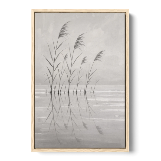 Calm Wall Art of Reeds in Still Water - Oak Framed Canvas Wall Art - Front