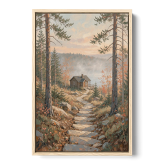 Calming Canvas Art of a Lakeside Cottage Path - Oak Framed Canvas Wall Art - Front