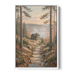 Calming Canvas Art of a Lakeside Cottage Path - White Framed Canvas Wall Art - Front