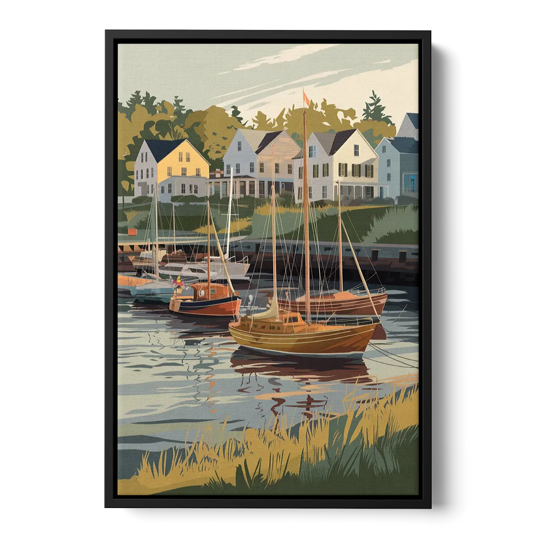 Camden Harbor Boats and Skyline Front - Black Canvas Wall Art