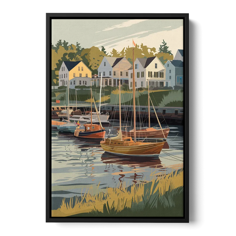 Camden Harbor Boats and Skyline Front - Black Canvas Wall Art