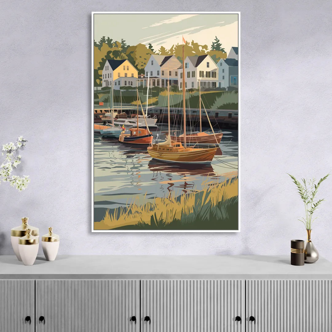 Camden Harbor Boats and Skyline Sitting Room - White Canvas Wall Art