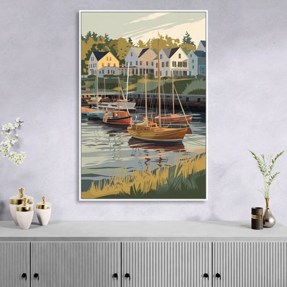 Camden Harbor Boats and Skyline Sitting Room - White Canvas Wall Art