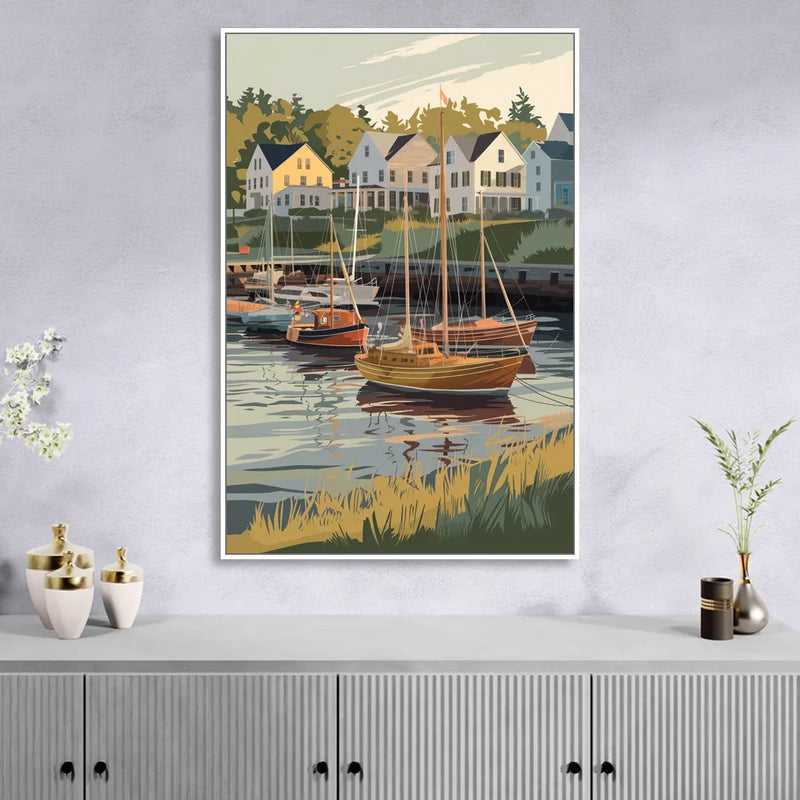 Camden Harbor Boats and Skyline Sitting Room - White Canvas Wall Art