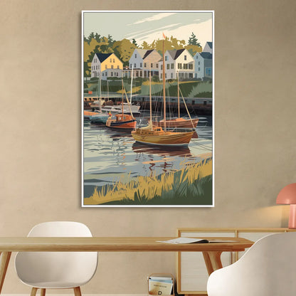 Camden Harbor Boats and Skyline Living Room - White Canvas Wall Art