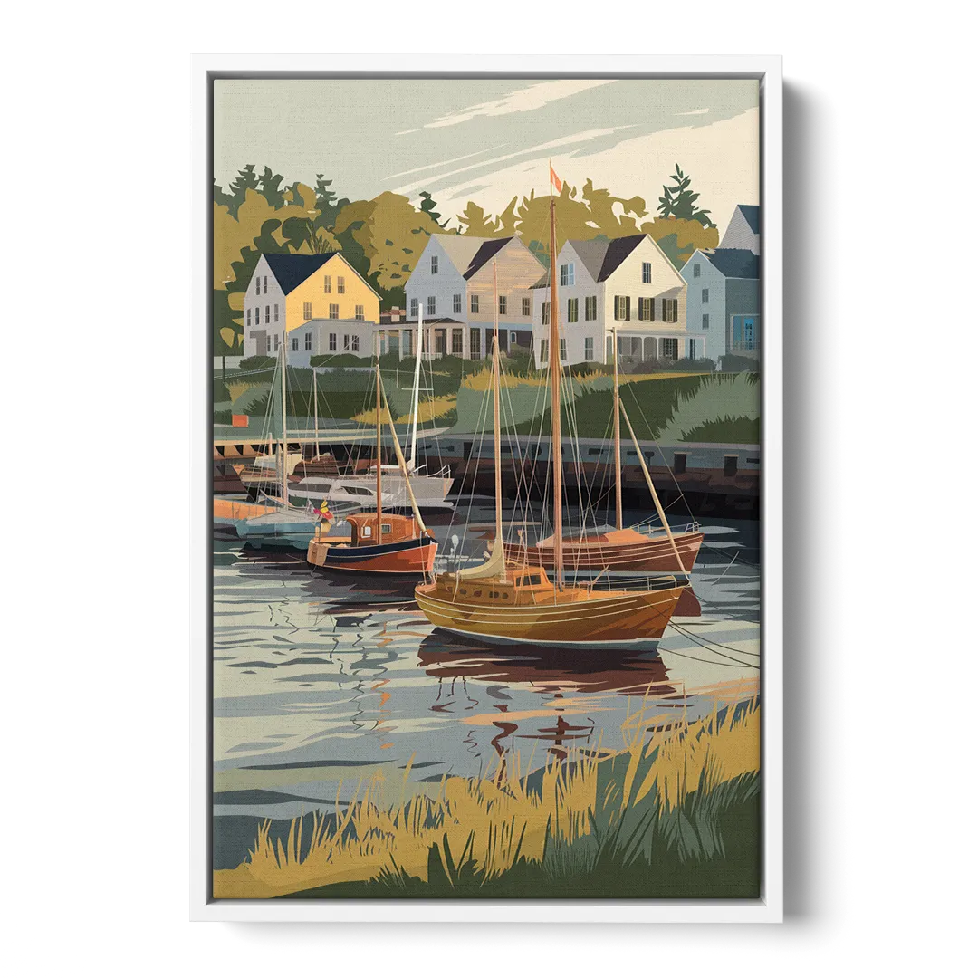 Camden Harbor Boats and Skyline Front - White Canvas Wall Art