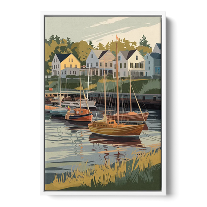 Camden Harbor Boats and Skyline Front - White Canvas Wall Art