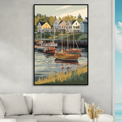 Camden Harbor Boats and Skyline Living Room - Black Canvas Wall Art