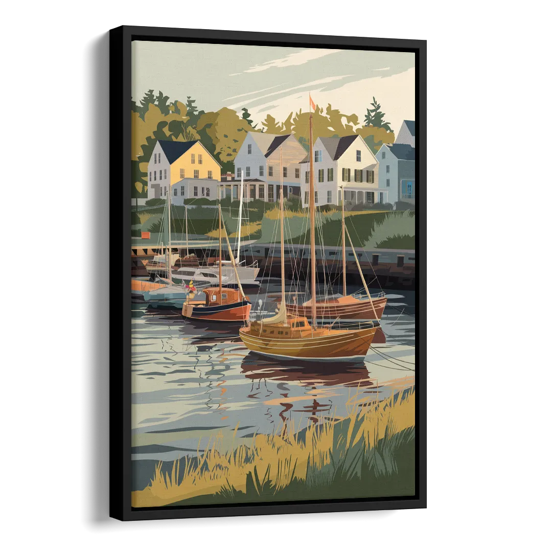 Camden Harbor Boats and Skyline Side - Black Canvas Wall Art