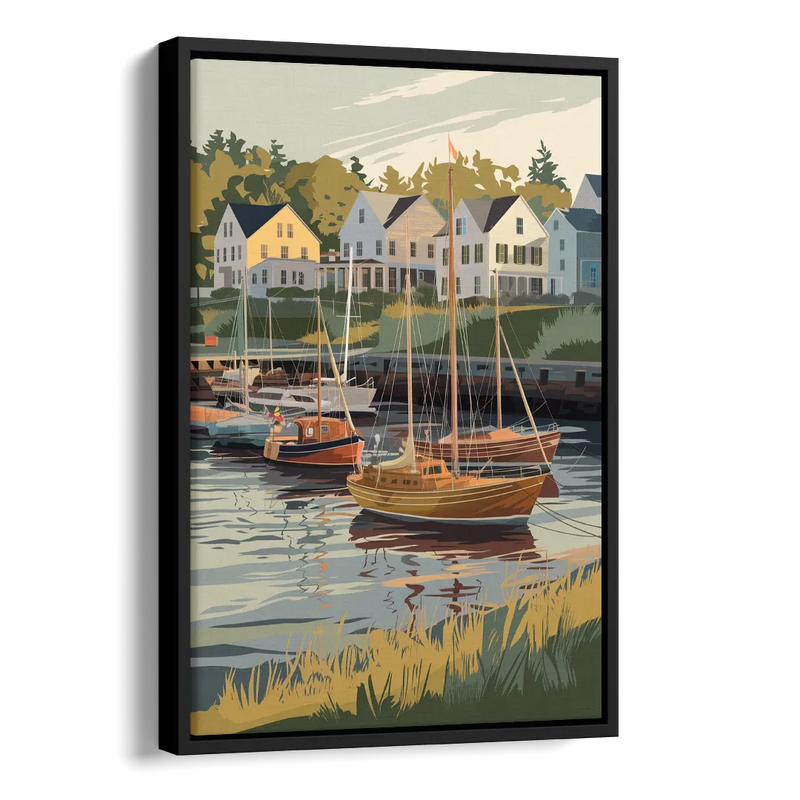 Camden Harbor Boats and Skyline Side - Black Canvas Wall Art