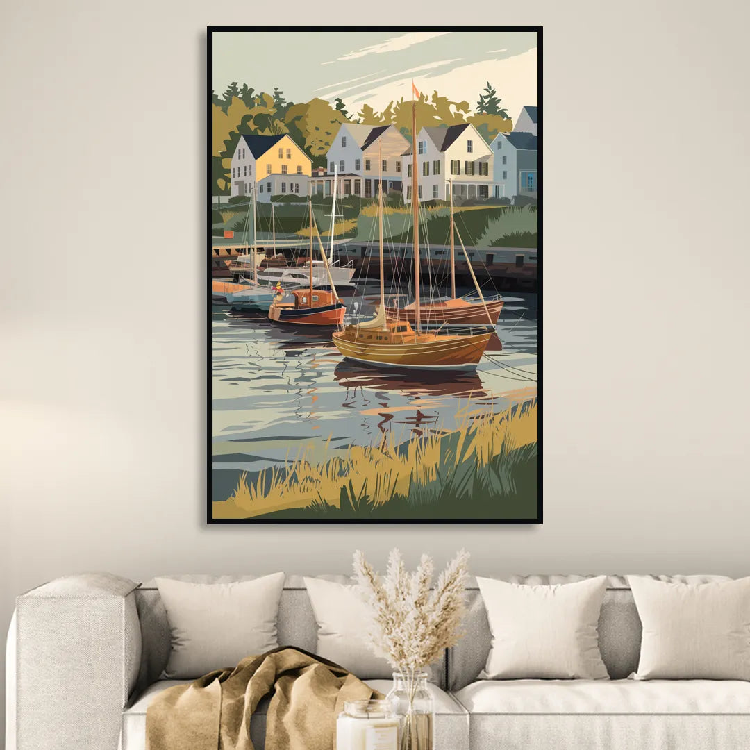 Camden Harbor Boats and Skyline Sitting Room - Black Canvas Wall Art
