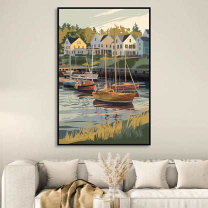 Camden Harbor Boats and Skyline Sitting Room - Black Canvas Wall Art
