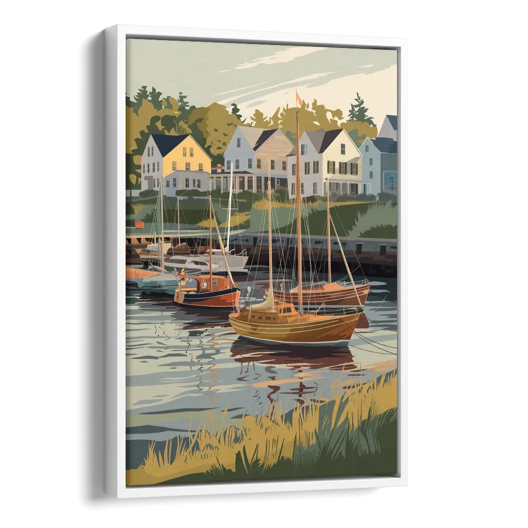 Camden Harbor Boats and Skyline Side - White Canvas Wall Art