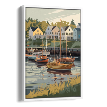 Camden Harbor Boats and Skyline Side - White Canvas Wall Art