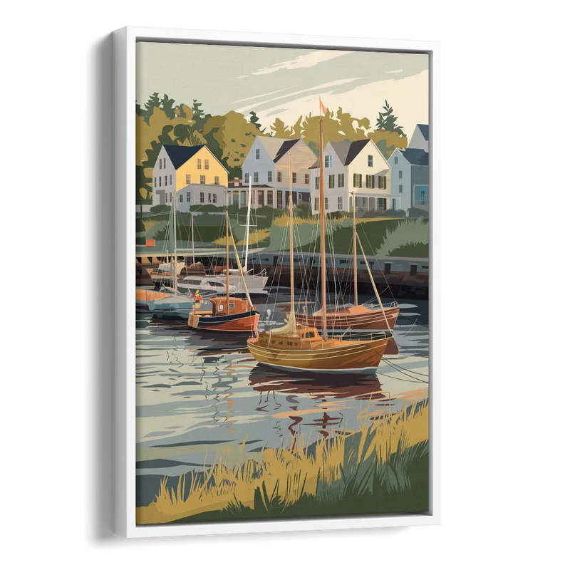 Camden Harbor Boats and Skyline Side - White Canvas Wall Art
