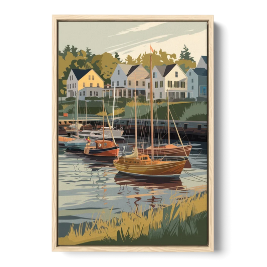Camden Harbor Boats and Skyline - Oak Framed Canvas Wall Art - Front