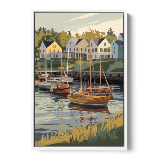 Camden Harbor Boats and Skyline - White Framed Canvas Wall Art - Front