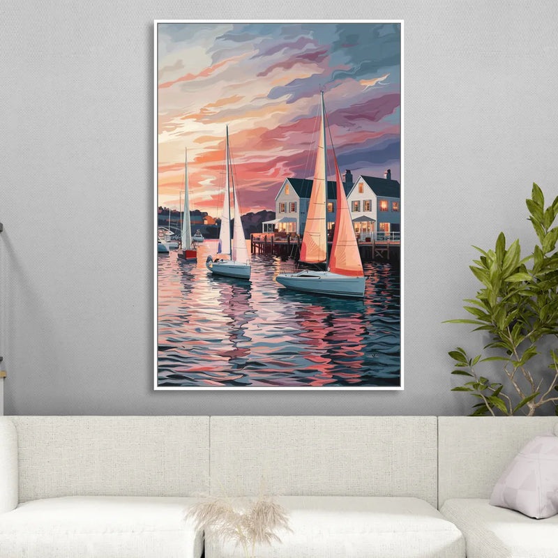 Camden Inner Harbor Sunset Sitting Room - White Canvas Wall Art