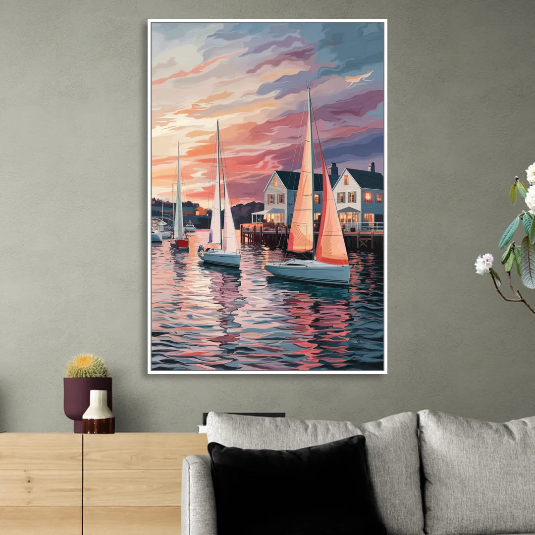 Camden Inner Harbor Sunset Living Room - White Canvas Wall Art