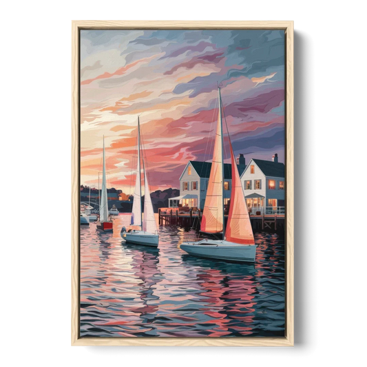 Camden Inner Harbor Sunset - Oak Framed Canvas Wall Art - Front