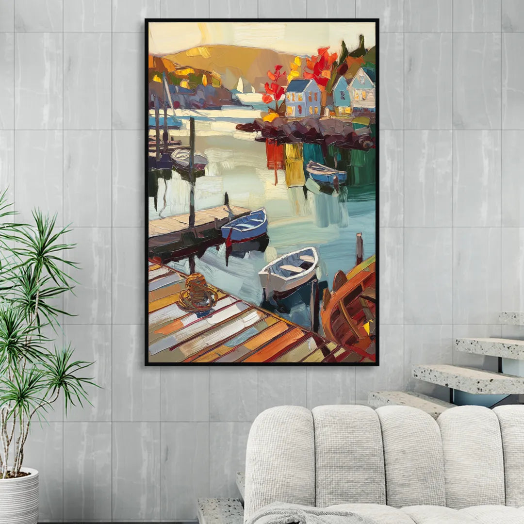 Camden Scenic Harbor View Living Room - Black Canvas Wall Art