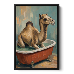 Camel Kneeling in a Clawfoot Tub - Black Framed Canvas Wall Art - Front