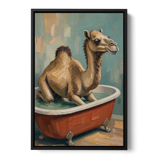 Camel Kneeling in a Clawfoot Tub - Black Framed Canvas Wall Art - Front