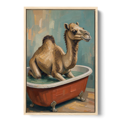 Camel Kneeling in a Clawfoot Tub - Oak Framed Canvas Wall Art - Front