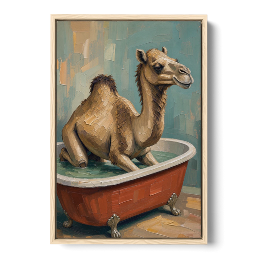 Camel Kneeling in a Clawfoot Tub - Oak Framed Canvas Wall Art - Front