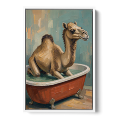 Camel Kneeling in a Clawfoot Tub - White Framed Canvas Wall Art - Front