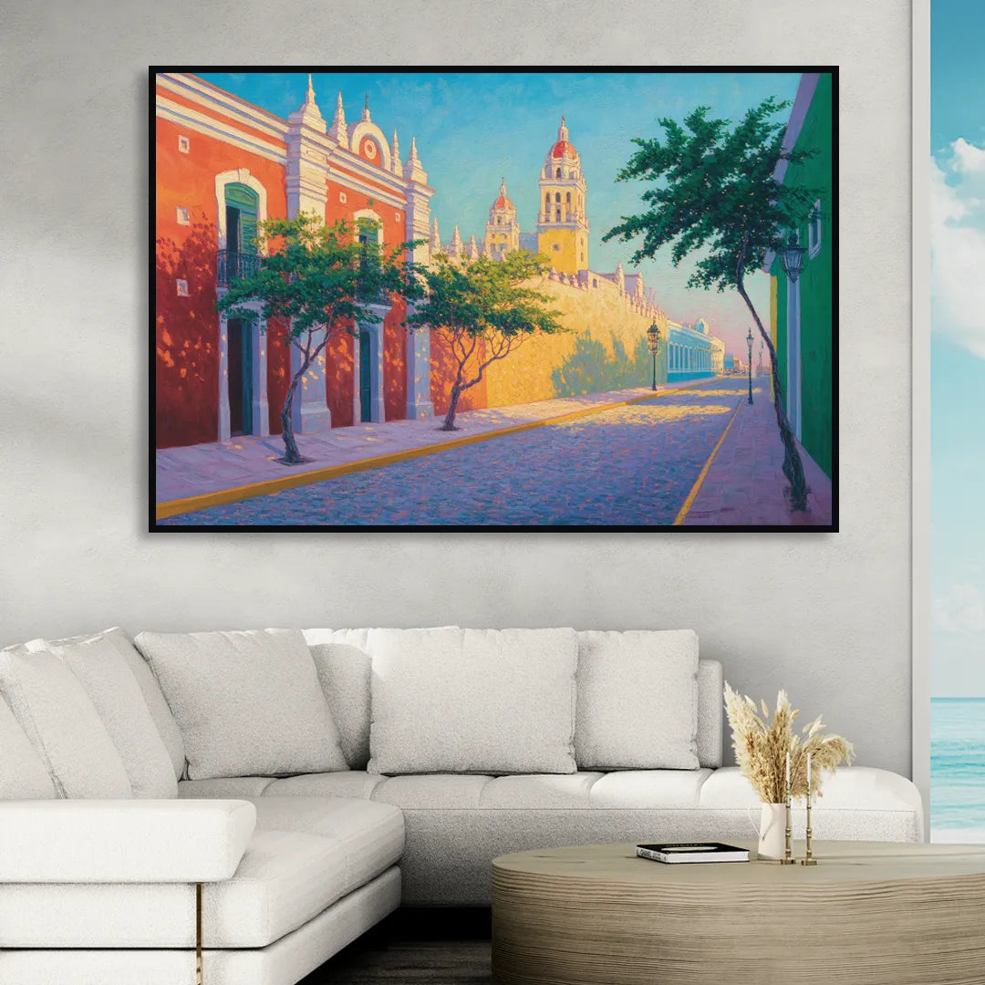 Campeche Walled City Sitting Room - Black Canvas Wall Art