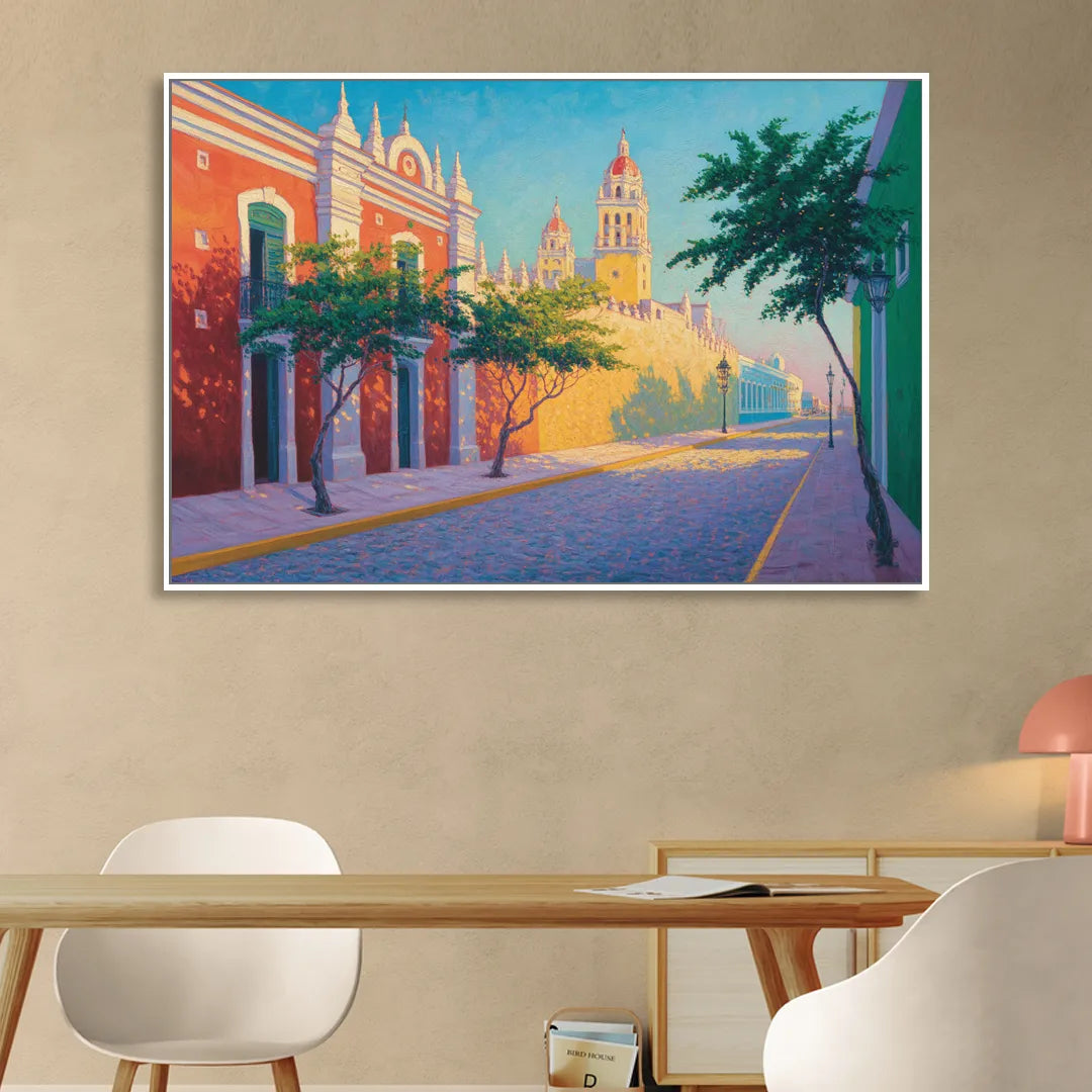Campeche Walled City Sitting Room - White Canvas Wall Art